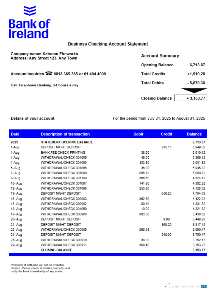 Download Bank of Irish firm account statement Word and PDF template Photoshop template